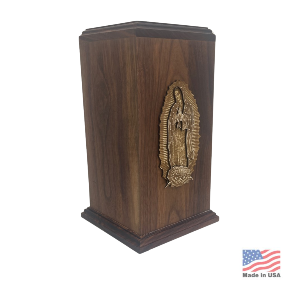 Lady of Guadalupe Walnut Wood Urn - Wood Urns (view 2 of 3) | Royal Caskets and Urns
